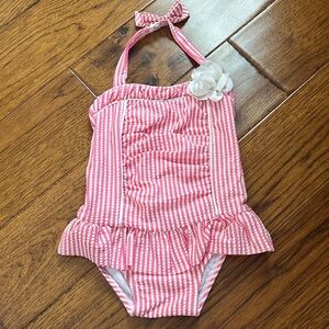 Pink Striped Kids Swimsuit with Flower Accent